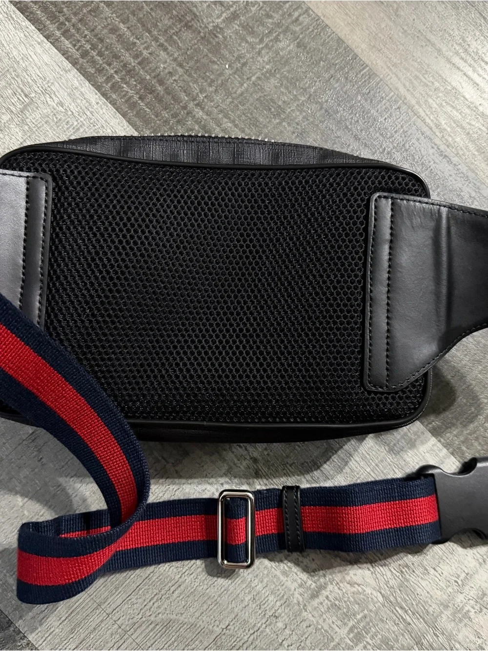 Gucci Black GG Supreme Canvas Belt Bag with Red & Navy Web Strap